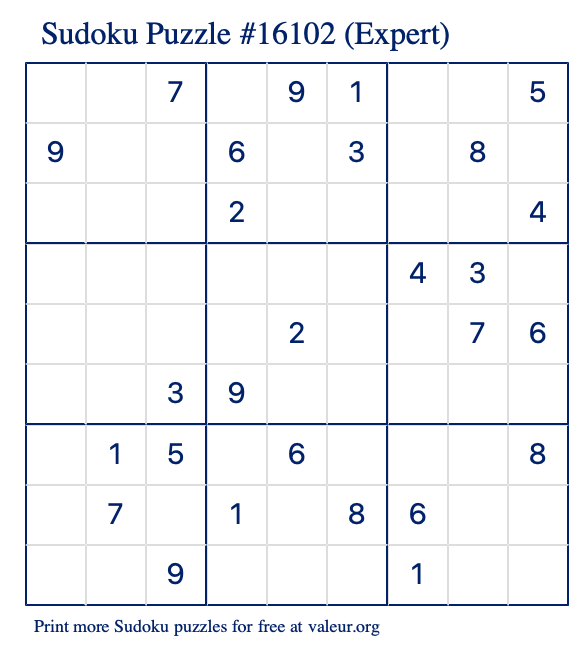 Free Printable Expert Sudoku Puzzle number 16102