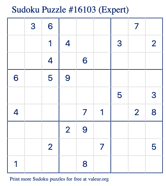 Free Printable Expert Sudoku Puzzle number 16103