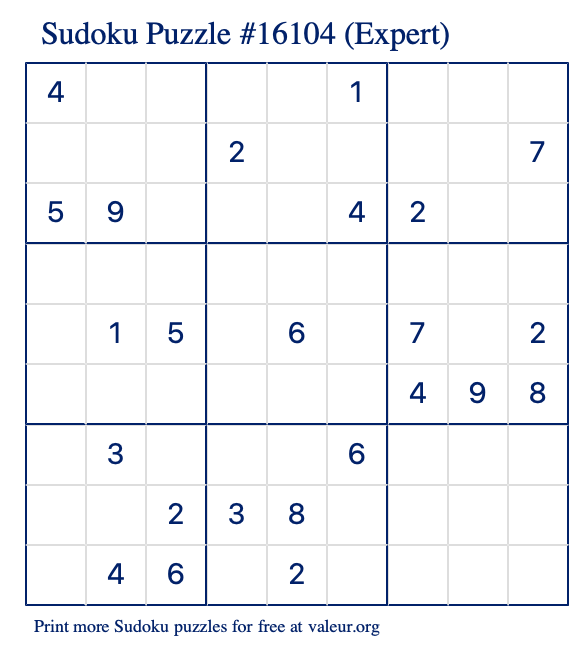 Free Printable Expert Sudoku Puzzle number 16104