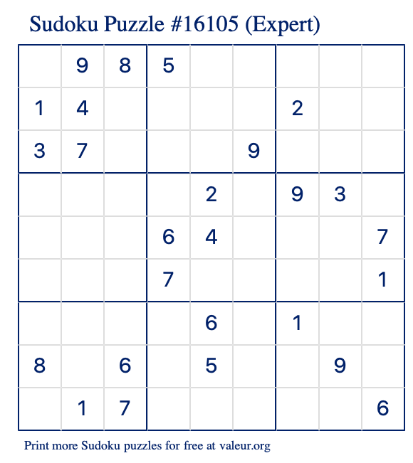 Free Printable Expert Sudoku Puzzle number 16105