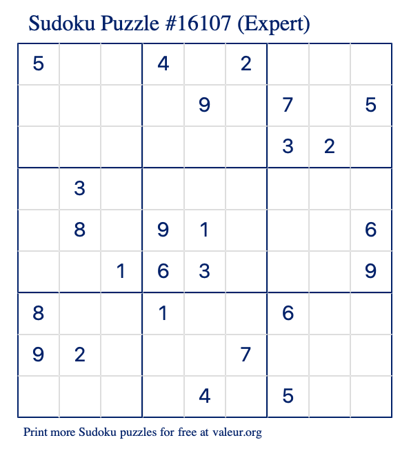 Free Printable Expert Sudoku Puzzle number 16107