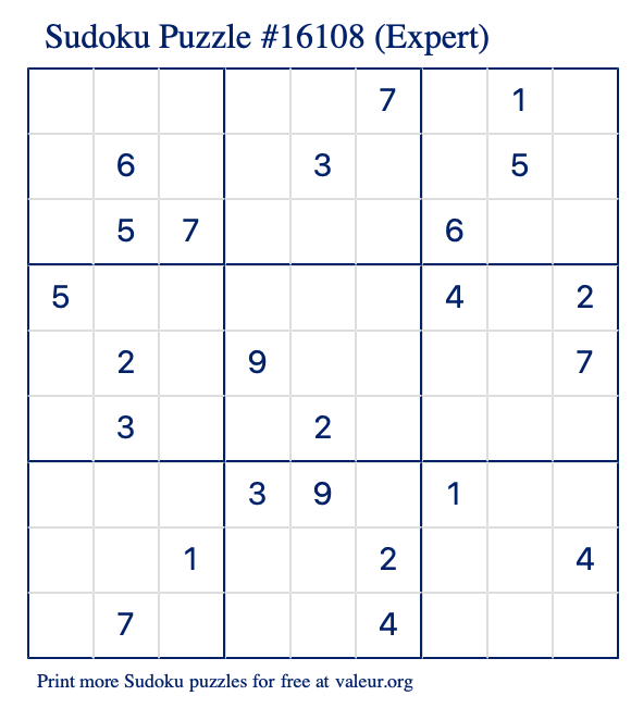 Free Printable Expert Sudoku Puzzle number 16108