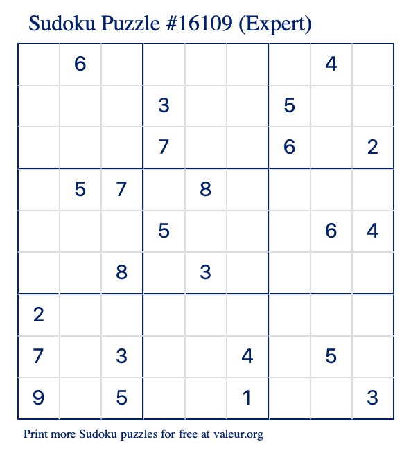 Free Printable Expert Sudoku Puzzle number 16109