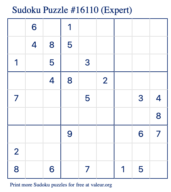 Free Printable Expert Sudoku Puzzle number 16110