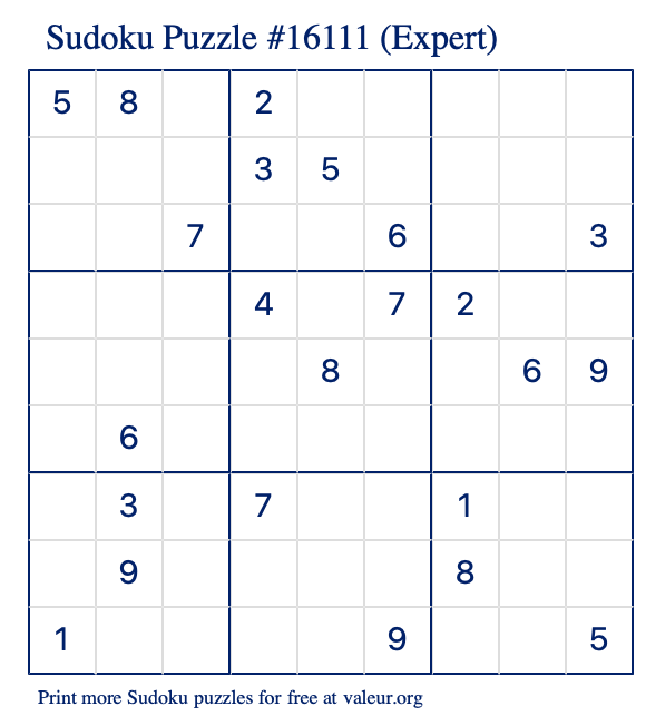 Free Printable Expert Sudoku Puzzle number 16111