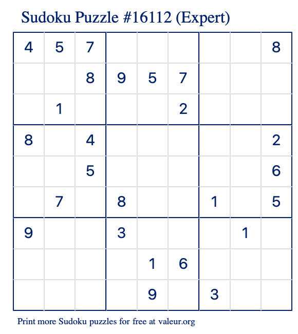 Free Printable Expert Sudoku Puzzle number 16112