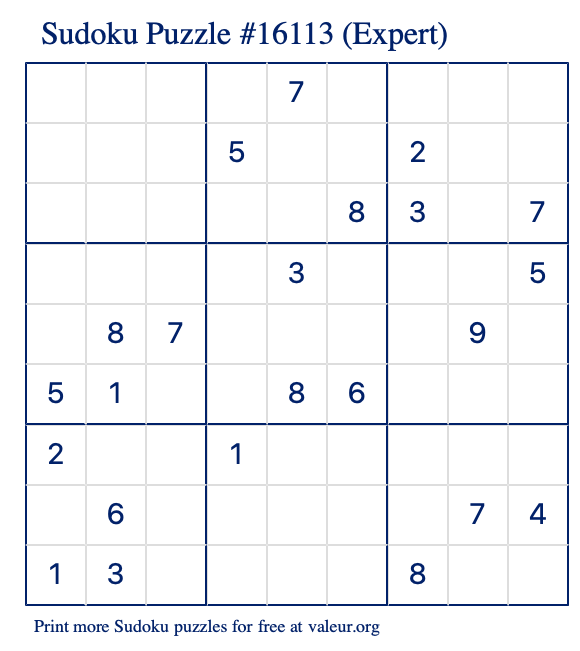 Free Printable Expert Sudoku Puzzle number 16113