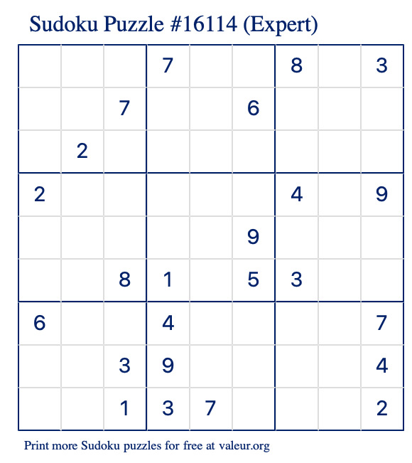 Free Printable Expert Sudoku Puzzle number 16114