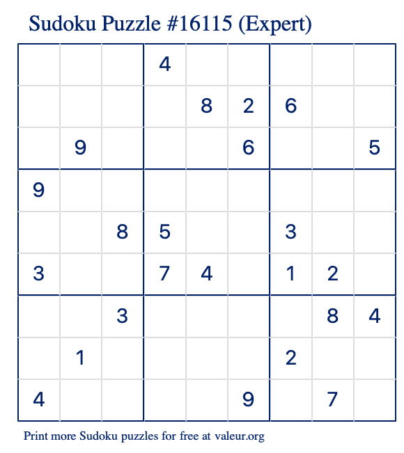 Free Printable Expert Sudoku Puzzle number 16115