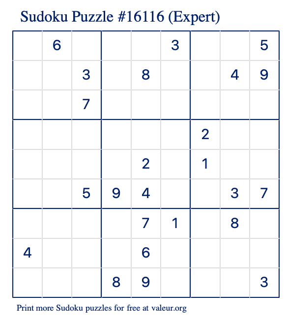 Free Printable Expert Sudoku Puzzle number 16116