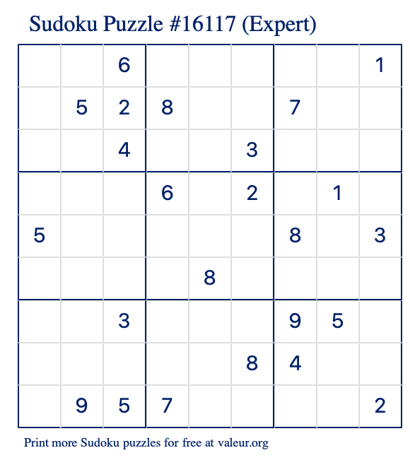 Free Printable Expert Sudoku Puzzle number 16117