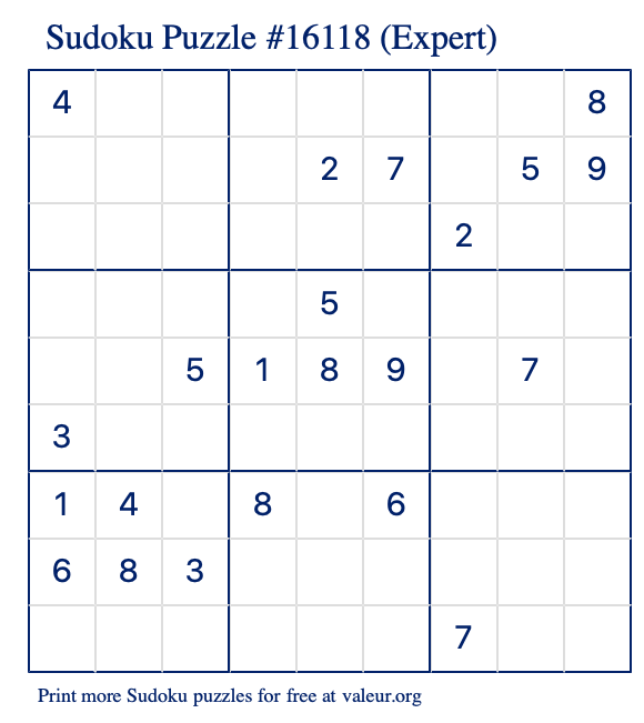 Free Printable Expert Sudoku Puzzle number 16118