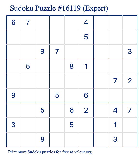 Free Printable Expert Sudoku Puzzle number 16119