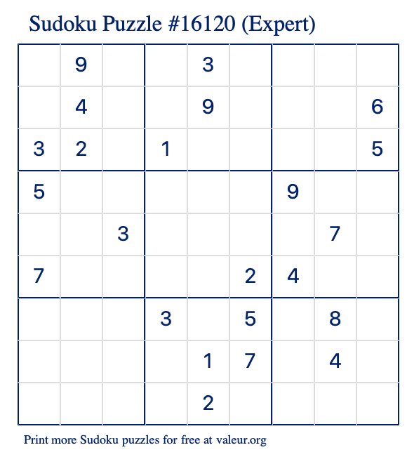 Free Printable Expert Sudoku Puzzle number 16120