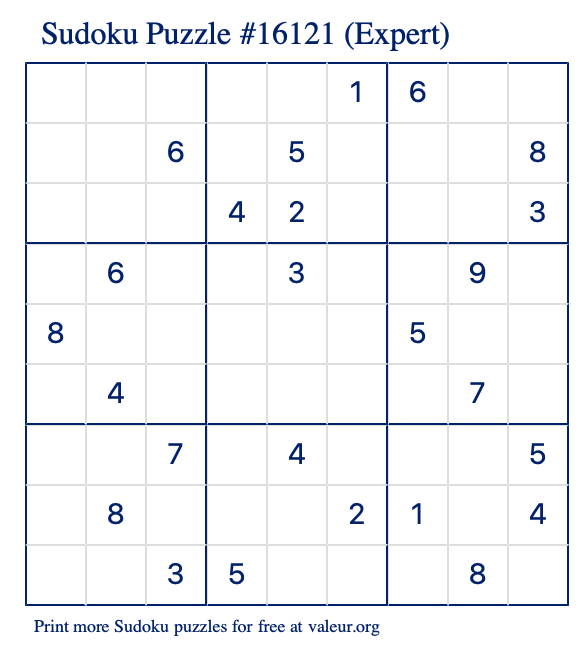 Free Printable Expert Sudoku Puzzle number 16121