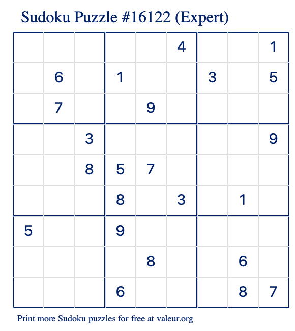 Free Printable Expert Sudoku Puzzle number 16122