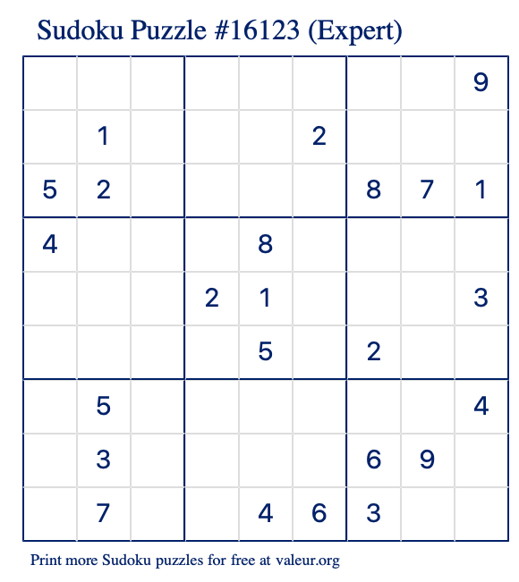 Free Printable Expert Sudoku Puzzle number 16123