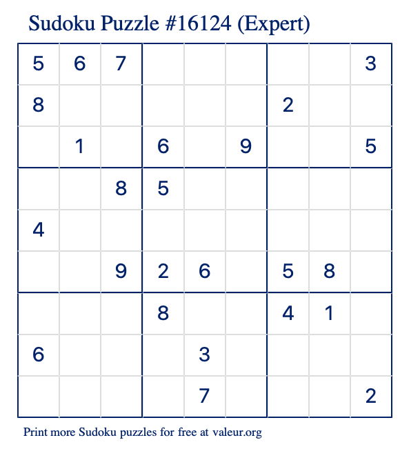 Free Printable Expert Sudoku Puzzle number 16124