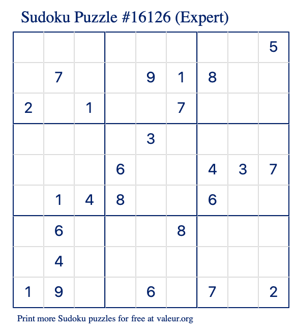 Free Printable Expert Sudoku Puzzle number 16126
