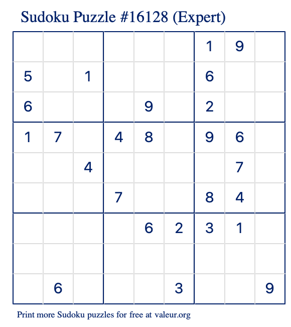 Free Printable Expert Sudoku Puzzle number 16128