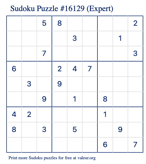 Free Printable Expert Sudoku Puzzle number 16129