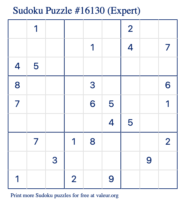 Free Printable Expert Sudoku Puzzle number 16130