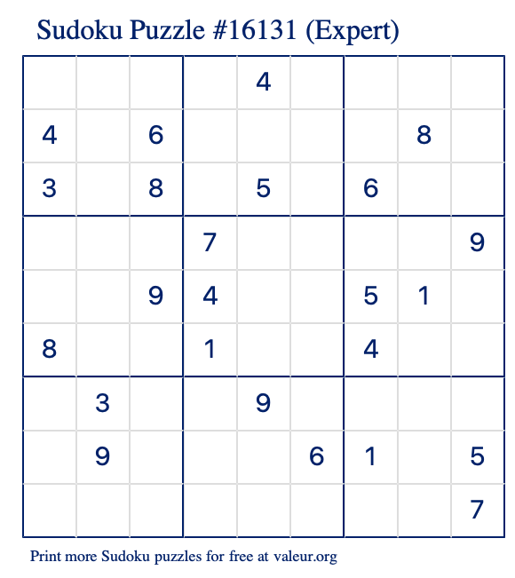 Free Printable Expert Sudoku Puzzle number 16131