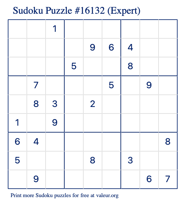 Free Printable Expert Sudoku Puzzle number 16132