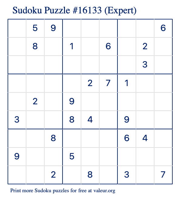 Free Printable Expert Sudoku Puzzle number 16133