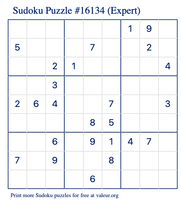Free Printable Expert Sudoku Puzzle number 16134