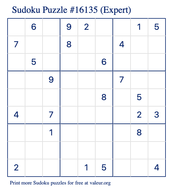 Free Printable Expert Sudoku Puzzle number 16135