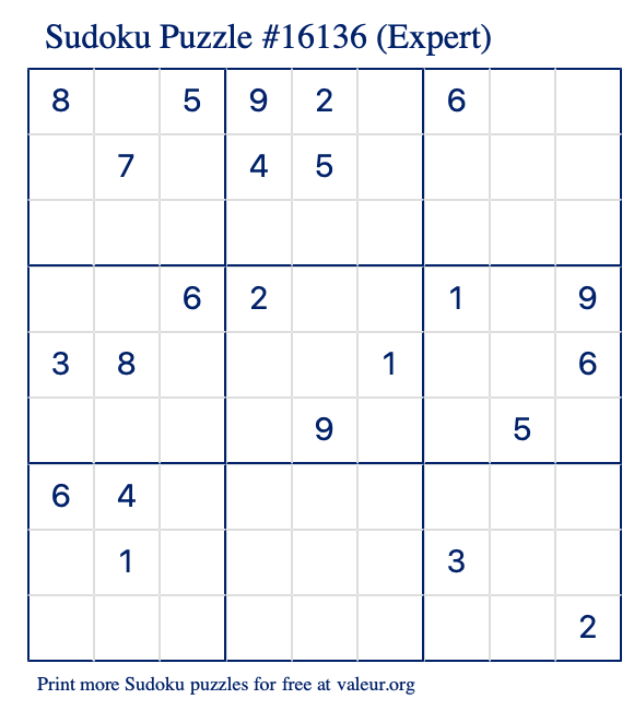 Free Printable Expert Sudoku Puzzle number 16136