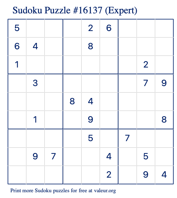 Free Printable Expert Sudoku Puzzle number 16137