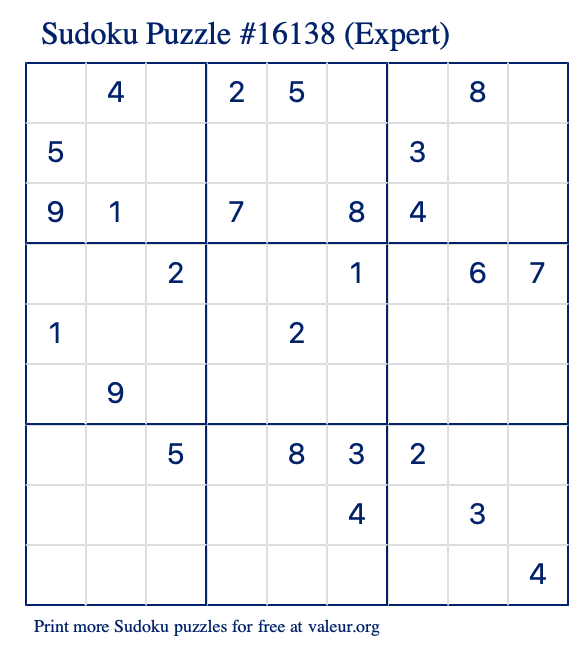 Free Printable Expert Sudoku Puzzle number 16138