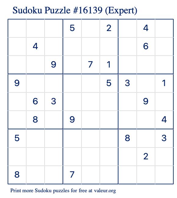 Free Printable Expert Sudoku Puzzle number 16139