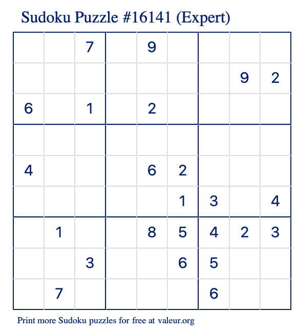 Free Printable Expert Sudoku Puzzle number 16141