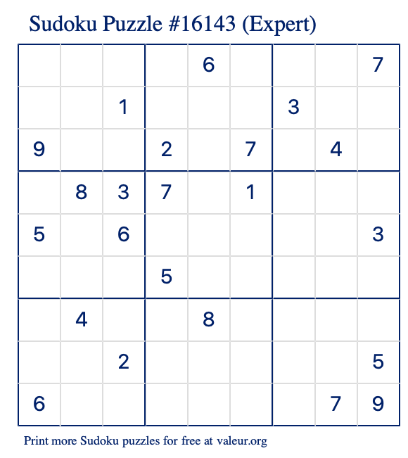 Free Printable Expert Sudoku Puzzle number 16143