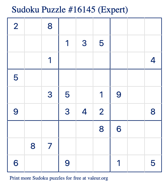 Free Printable Expert Sudoku Puzzle number 16145