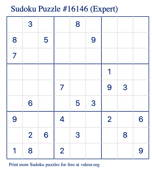 Free Printable Expert Sudoku Puzzle number 16146