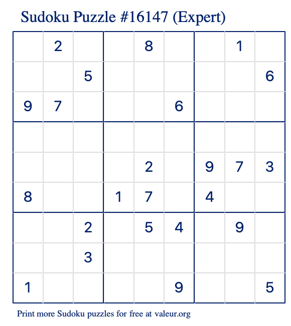 Free Printable Expert Sudoku Puzzle number 16147