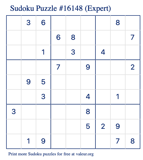 Free Printable Expert Sudoku Puzzle number 16148