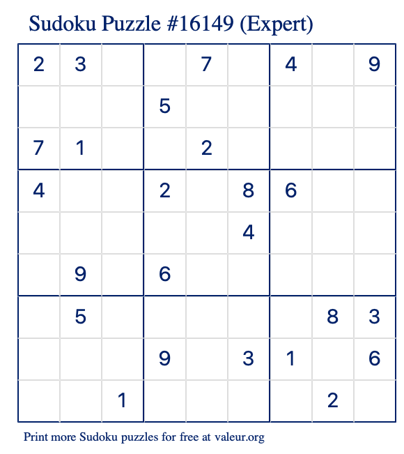 Free Printable Expert Sudoku Puzzle number 16149