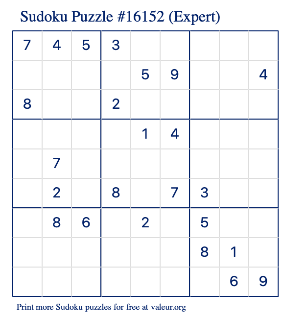 Free Printable Expert Sudoku Puzzle number 16152