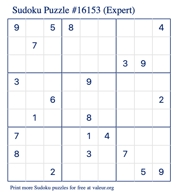 Free Printable Expert Sudoku Puzzle number 16153