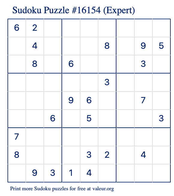Free Printable Expert Sudoku Puzzle number 16154