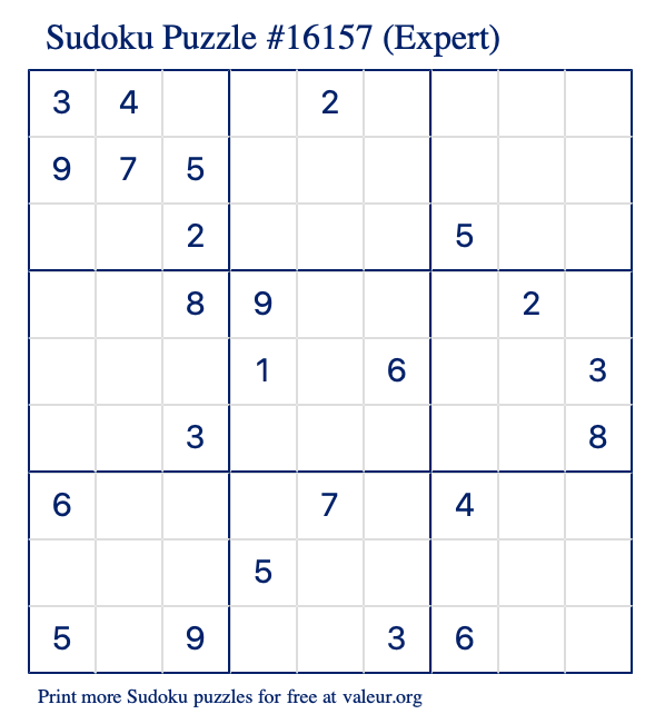 Free Printable Expert Sudoku Puzzle number 16157