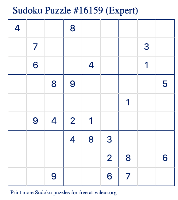Free Printable Expert Sudoku Puzzle number 16159