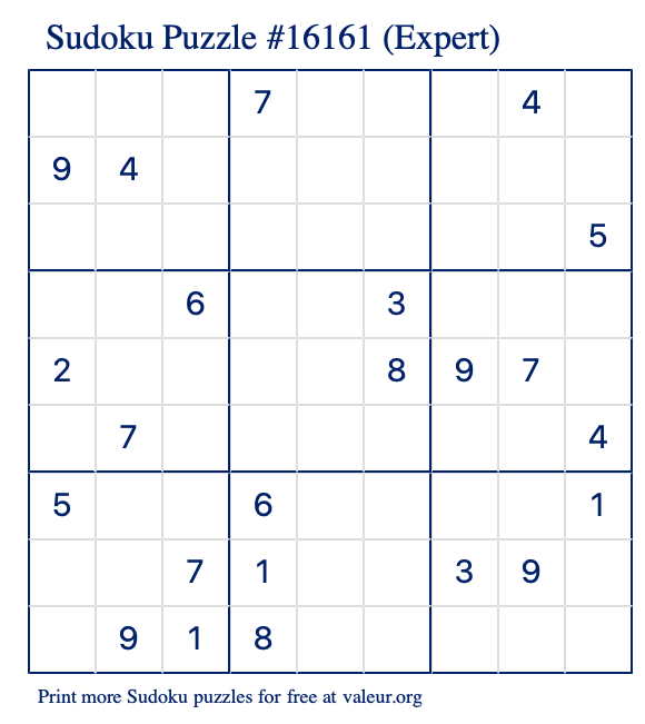 Free Printable Expert Sudoku Puzzle number 16161