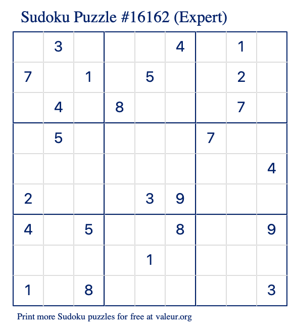 Free Printable Expert Sudoku Puzzle number 16162