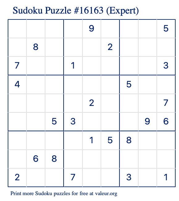 Free Printable Expert Sudoku Puzzle number 16163